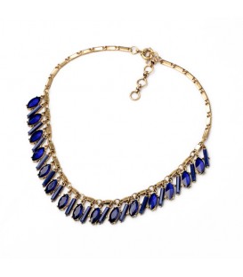 Statement Antique Gold Necklace with Sapphire Blue Crystals